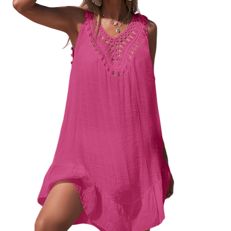 Womens Boho Beach Cover-Up Dress - Crochet V-Neck Sleeveless Mini Dress